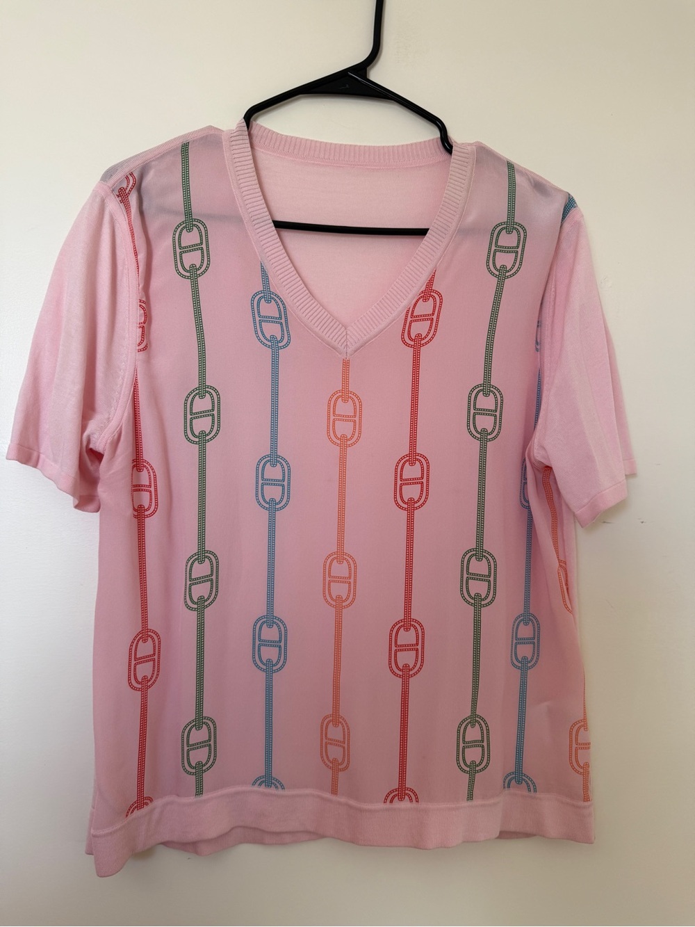 Pink Silk Front Knit Back V-Neck Top Tencel Cotton Silk Size S/M